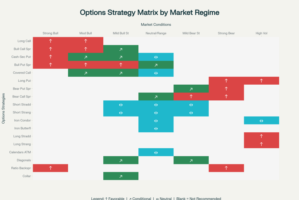 Complete options strategy matrix showing suitability across market regimes